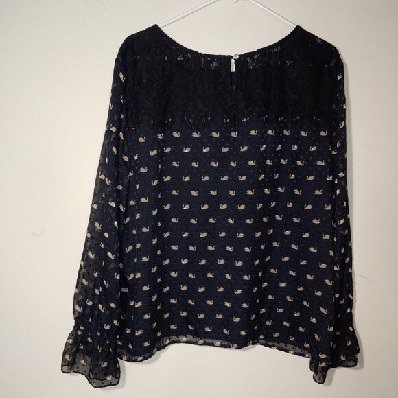 RSVPTalbots Fancy Swans Print Long Sleeves Blouse Size XL Black - Picture 7 of 9